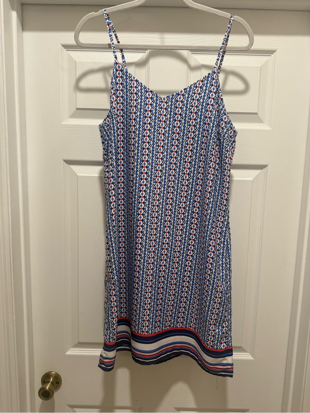 Skies Are Blue Blue and White Printed Spaghetti Strap Mini Dress - Medium